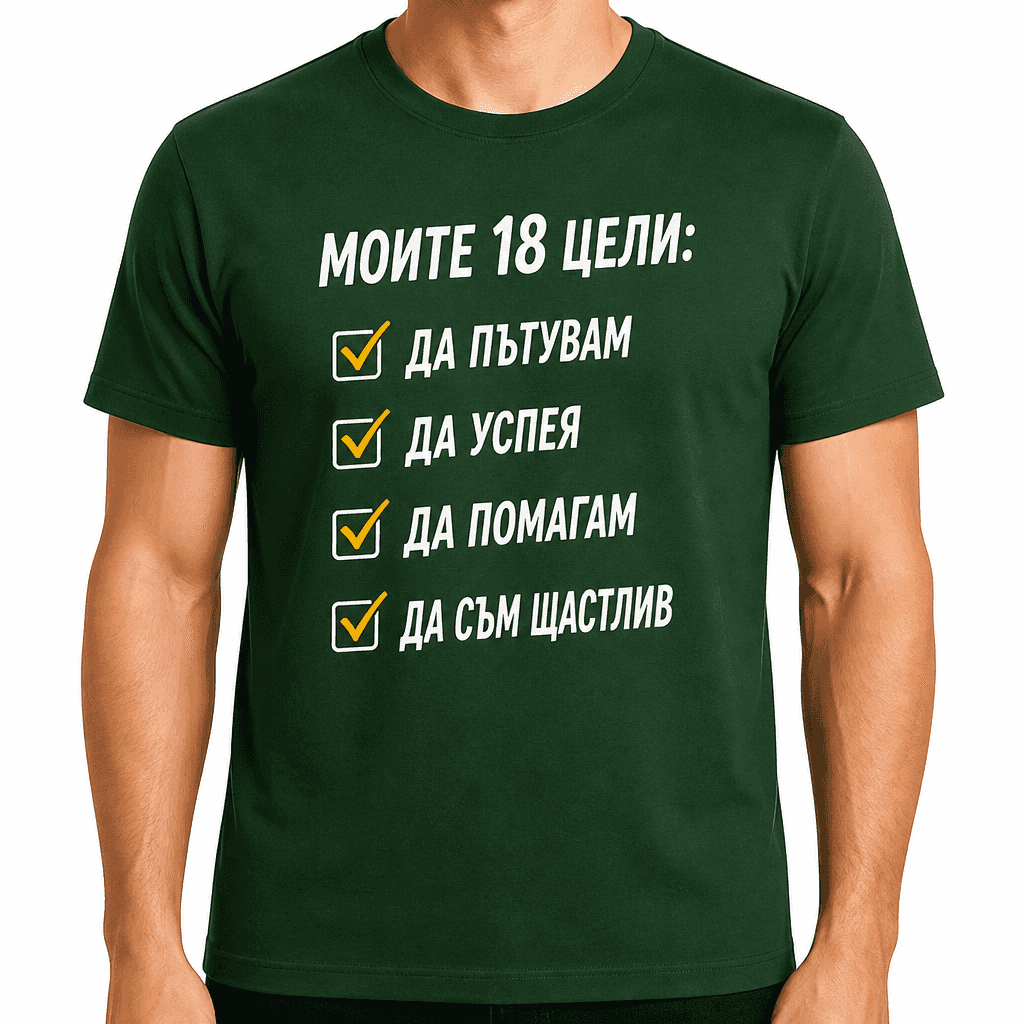 Тениска за 18 години – Моите 18 цели: да пътувам да успея да помагам да съм щастлив