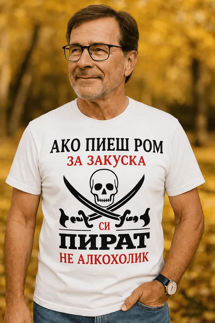 Смешна тениска пират с ром – АКО ПИЕШ РОМ