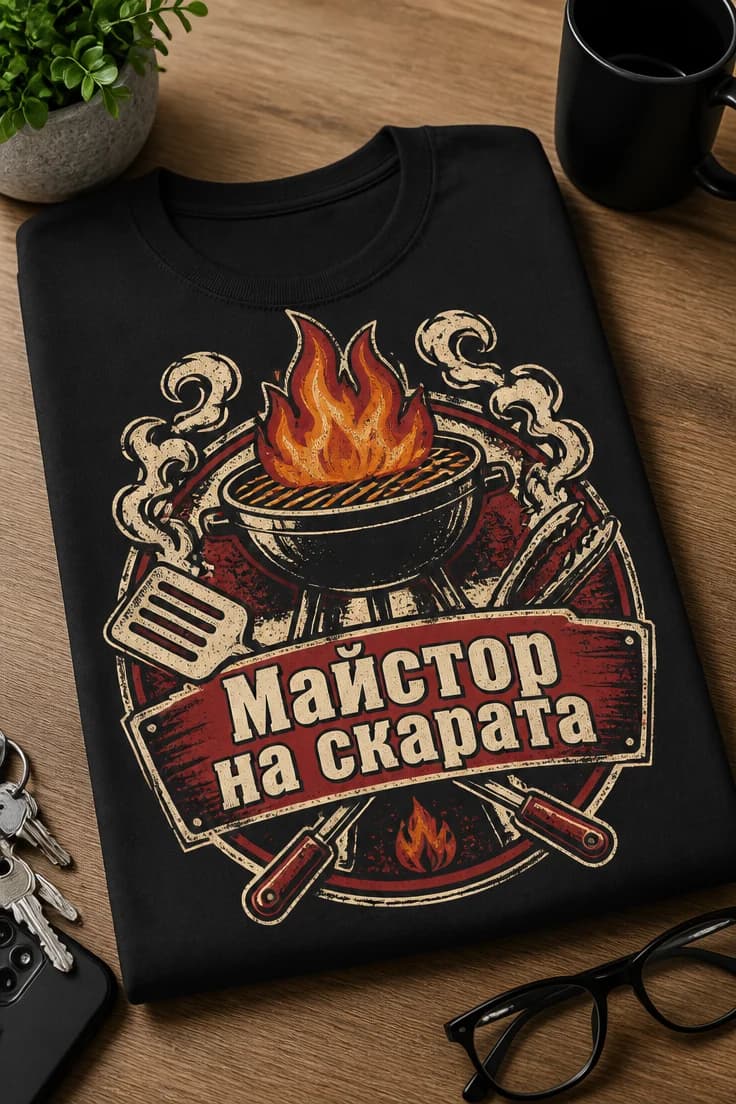 Мъжка тениска с надпис Майстор на скарата