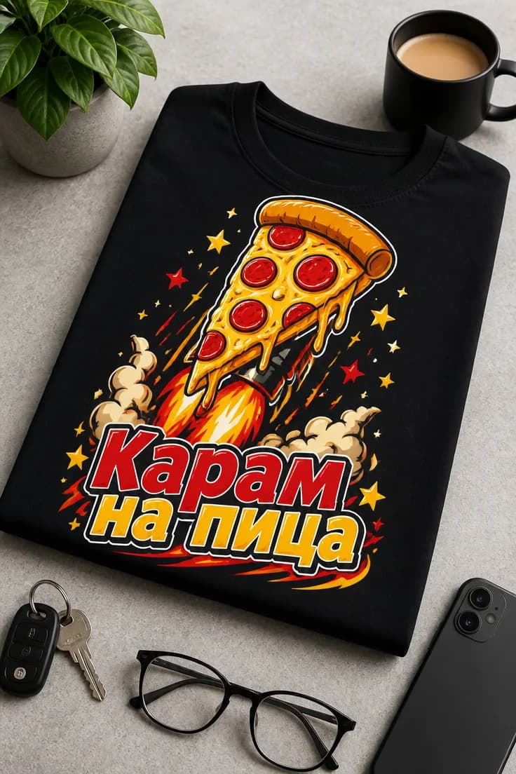 Тениска с пица „Карам на пица“