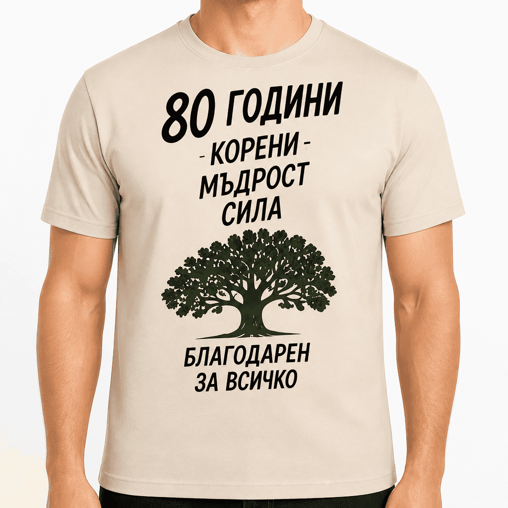 Тениска за 80 години – 80 години корени мъдрост сила благодарен за всичко