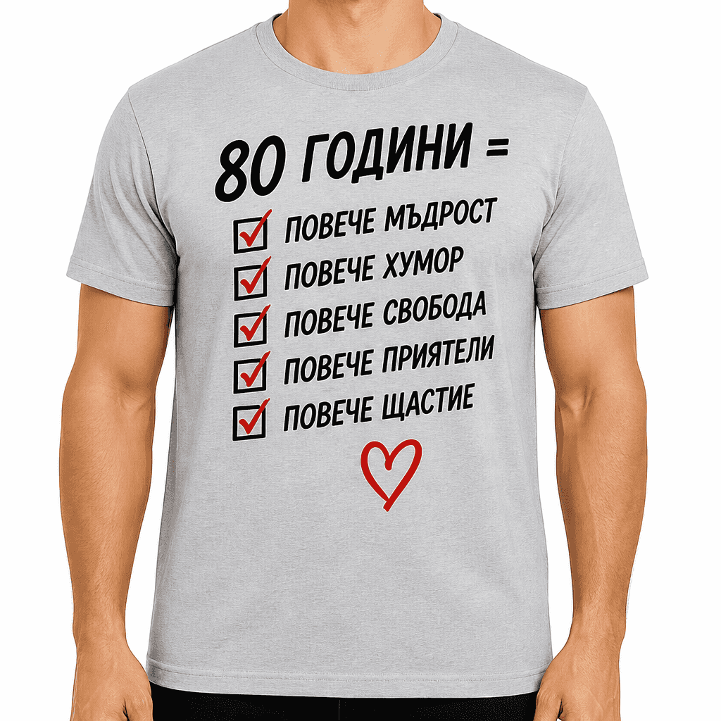 Тениска за 80 години – 80 години = повече мъдрост повече хумор повече свобода повече приятели повече щастие