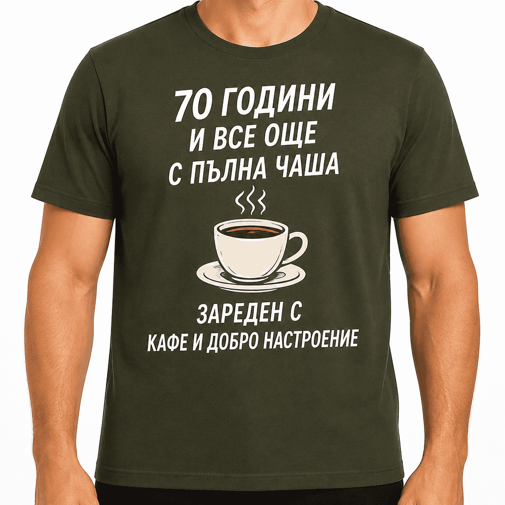 Тениска за 70 години – 70 години и все още с пълна чаша зареден с кафе и добро настроение
