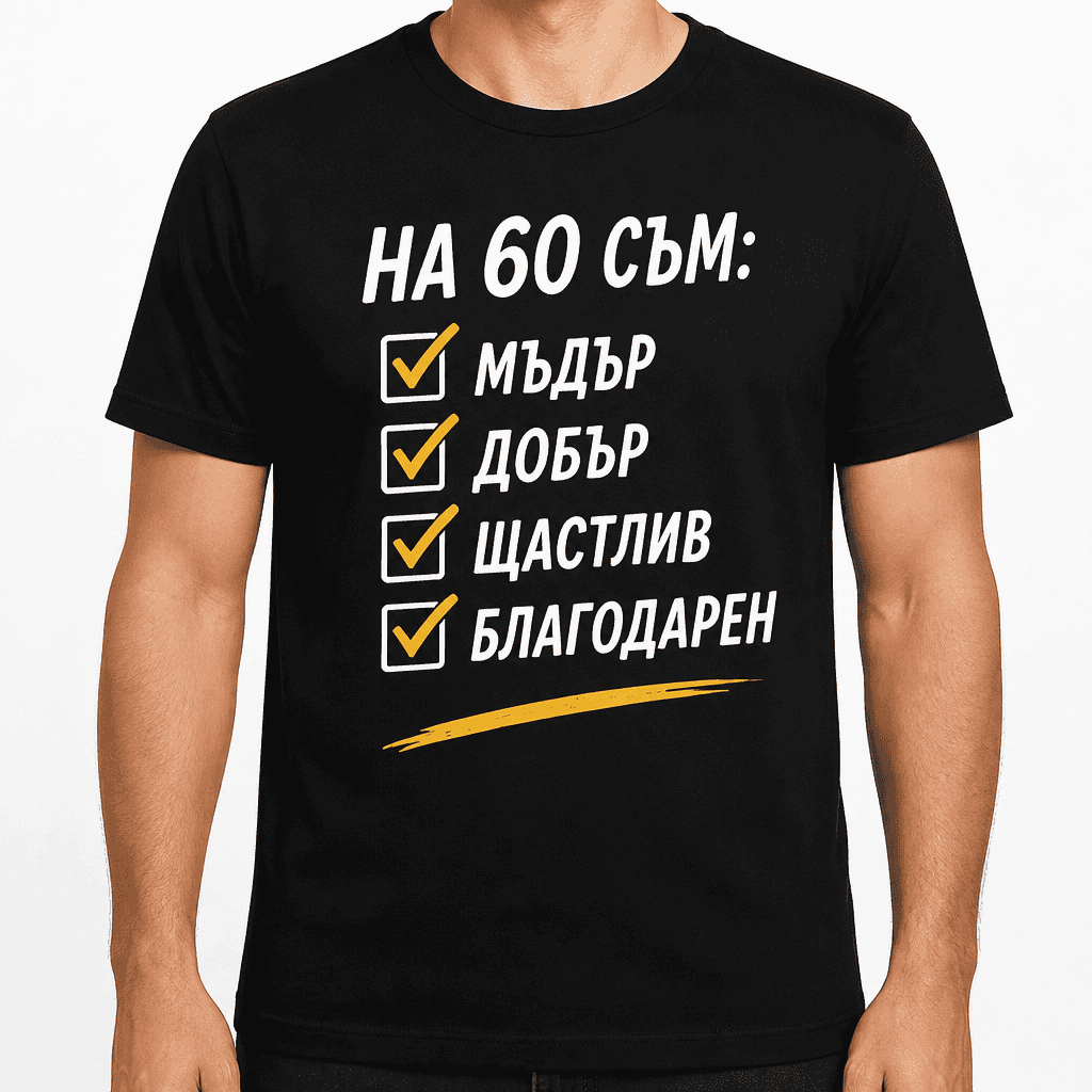 Тениска за 60 години – На 60 съм: мъдър добър щастлив благодарен
