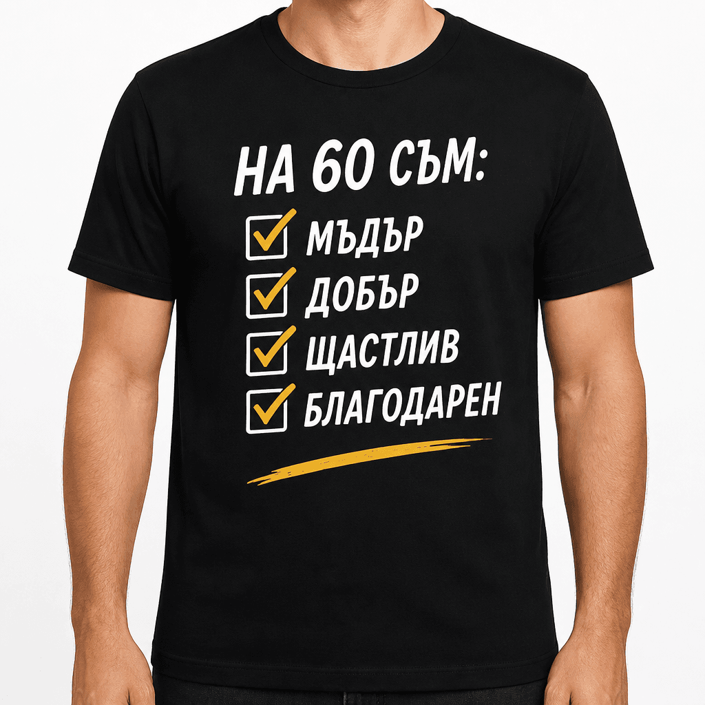 Тениска за 60 години – На 60 съм: мъдър добър щастлив благодарен
