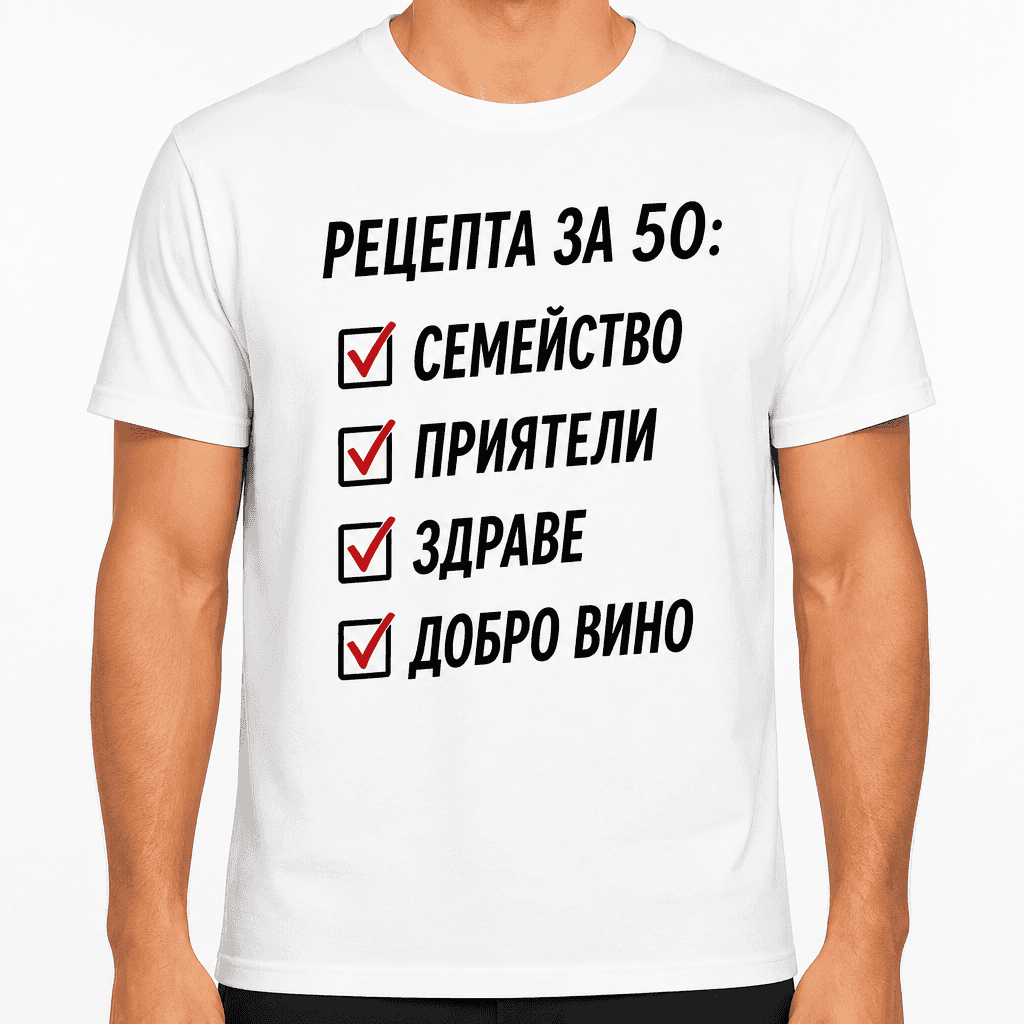 Тениска за 50 години – Рецепта за 50: семейство приятели здраве добро вино
