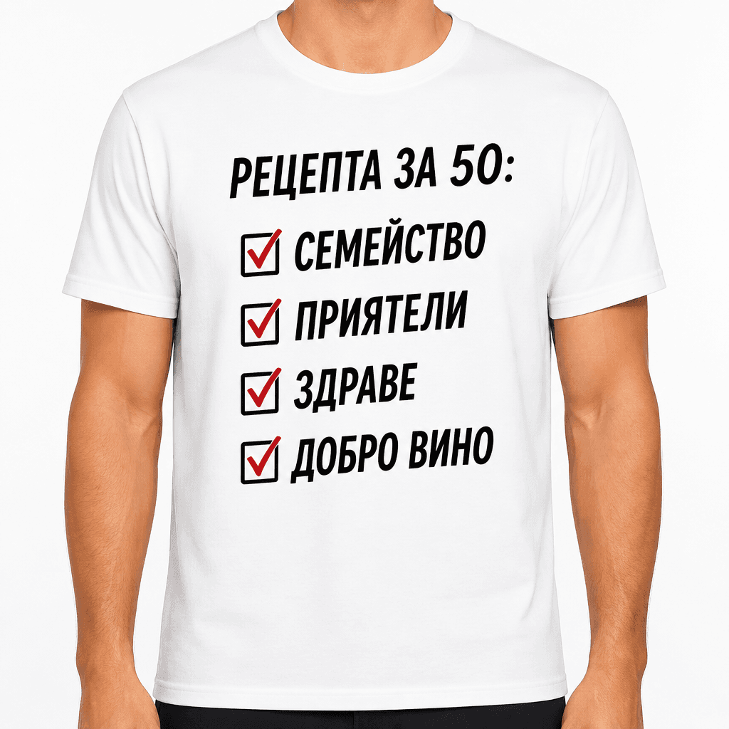 Тениска за 50 години – Рецепта за 50: семейство приятели здраве добро вино