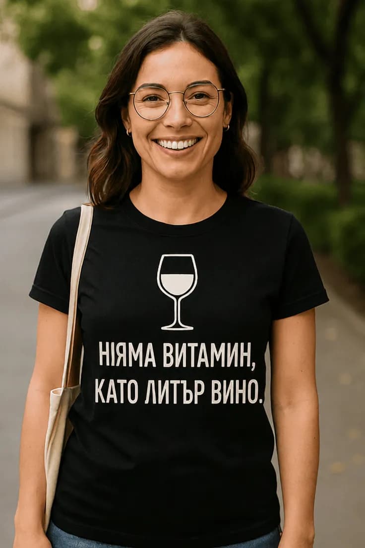 Смешна тениска витамин и вино – НЯМА ВИТАМИН,