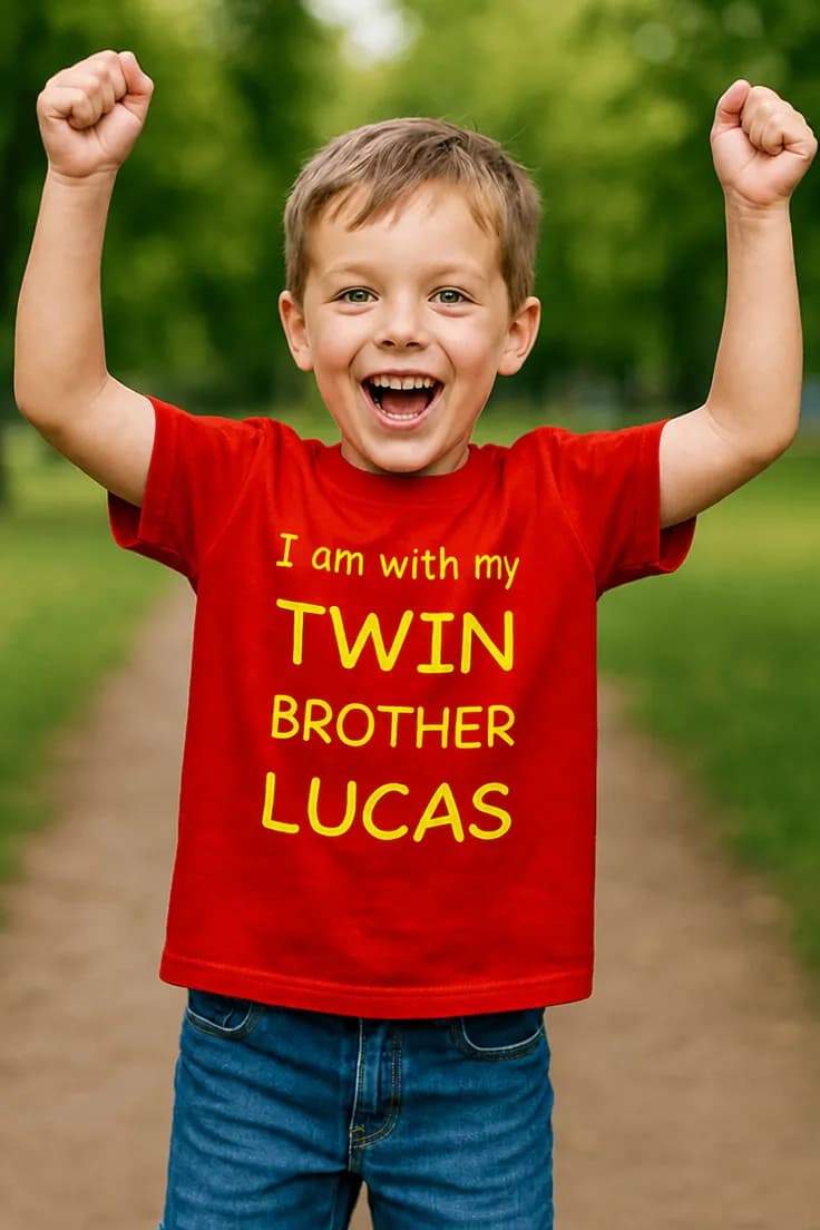 Детска тениска за близнаци с име - I am with my TWIN
