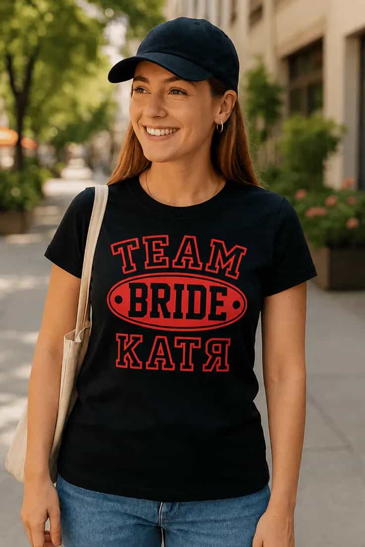 Смешна тениска отбор булка с име TEAM BRIDE КАТЯ