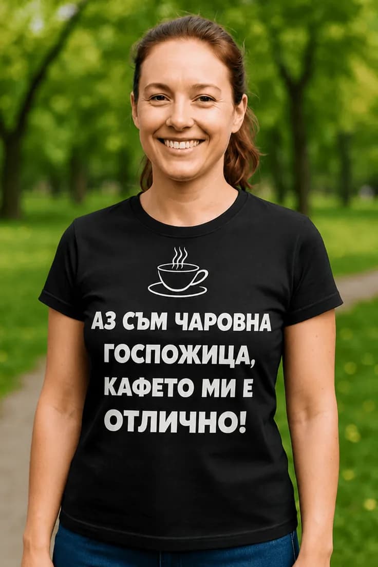 Смешна тениска чаровна госпожица с кафе