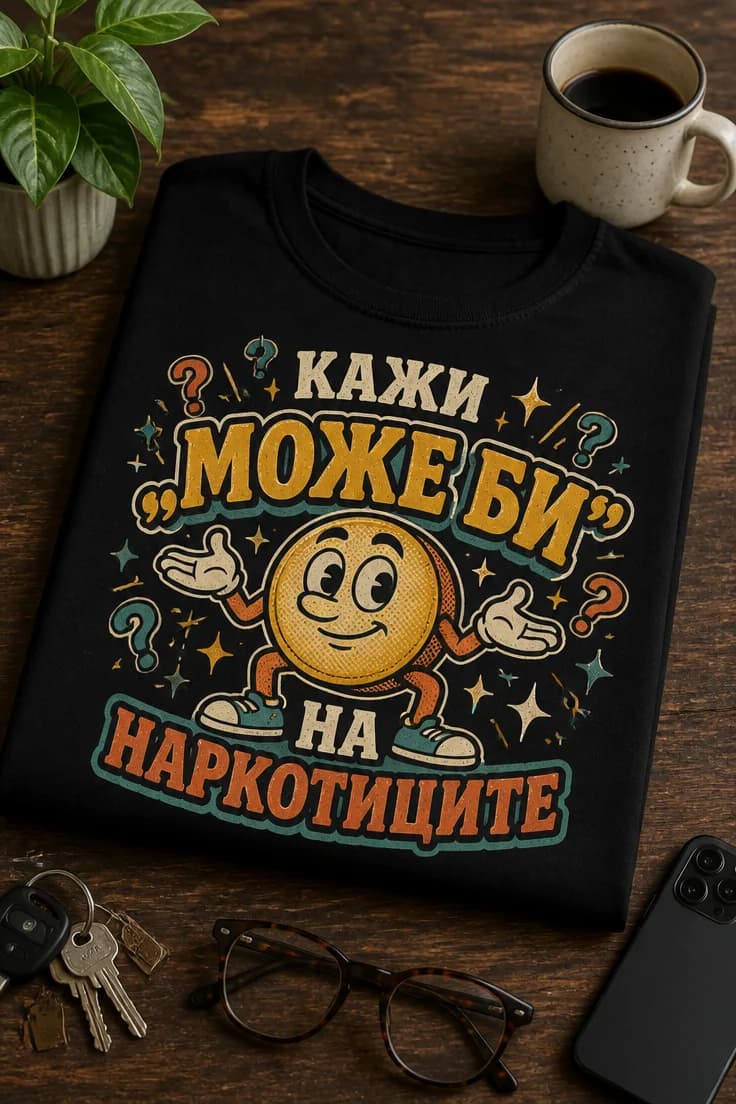 Дамска тениска с надпис КАЖИ „МОЖЕ БИ“ НА НАРКОТИЦИТЕ