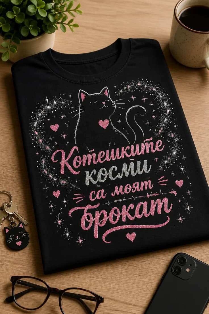 Тениска с котка и надпис „Котешките косми са моят брокат“