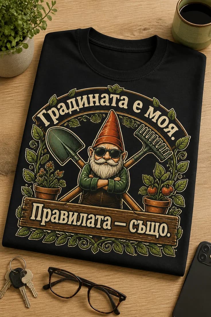 Градинарска тениска „Градината е моя. Правилата — също.“