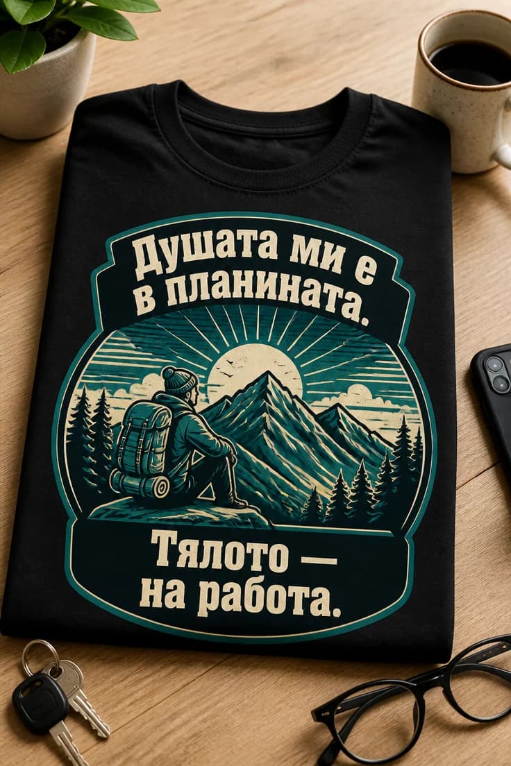 Тениска за планина Душата ми е в планината, тялото на работа
