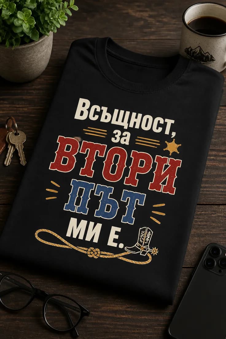 Мъжка тениска с надпис „Всъщност, за втори път ми е.“