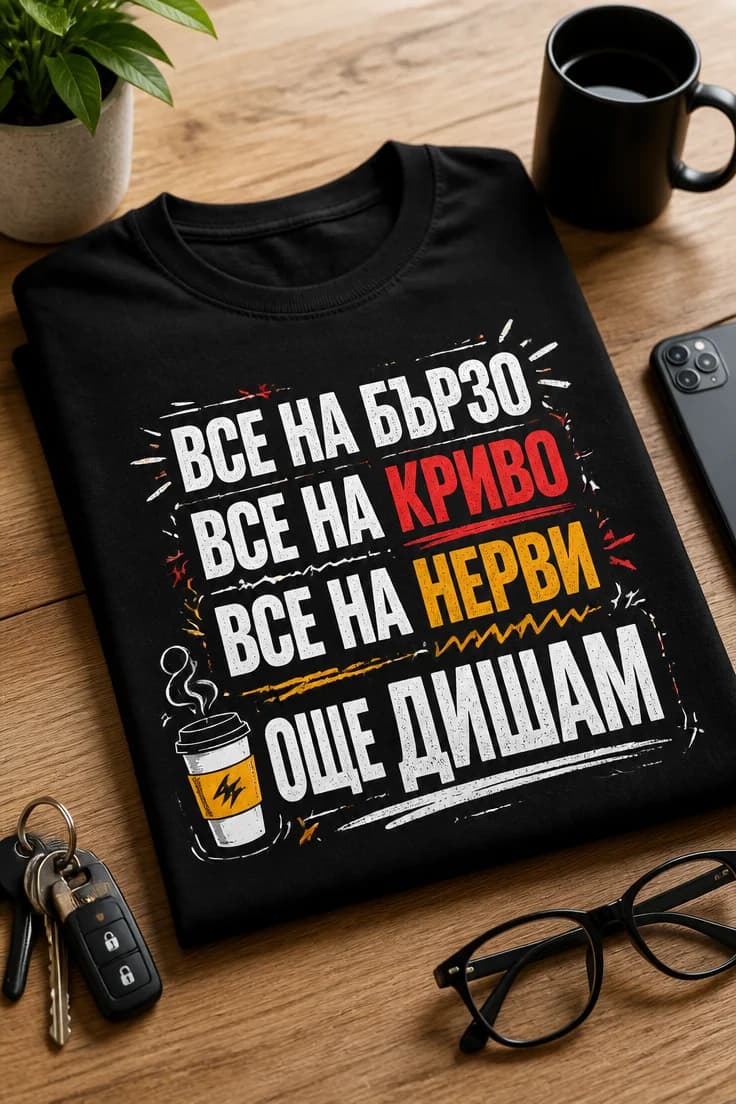 Мъжка тениска с надпис „ВСЕ НА БЪРЗО“