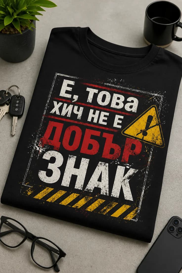 Мъжка тениска с надпис Е, това хич не е добър знак