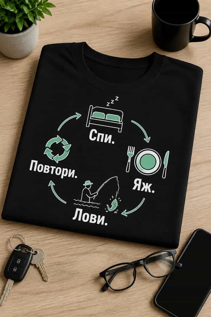 Рибарска тениска „Спи. Яж. Лови. Повтори.“