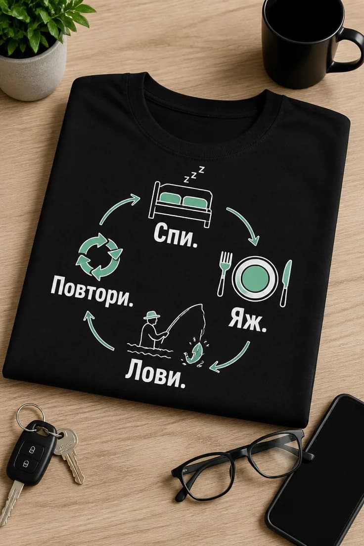 Рибарска тениска „Спи. Яж. Лови. Повтори.“