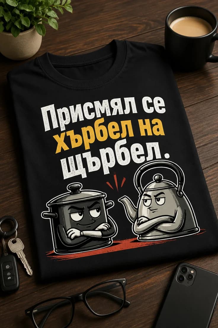 Саркастична тениска с надпис „Присмял се хърбел на щърбел.“