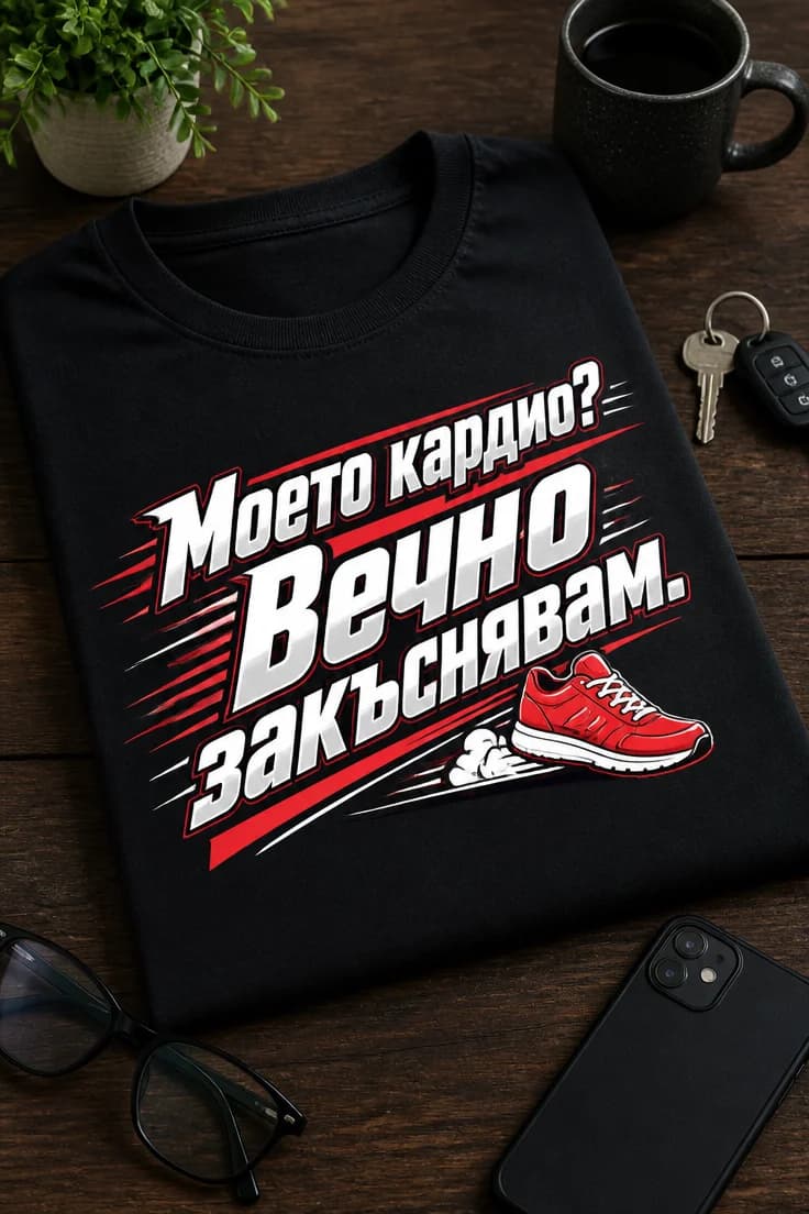 Смешна тениска с надпис „Моето кардио? Вечно закъснявам.“
