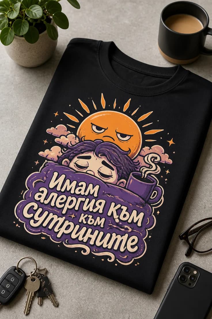 Тениска с надпис „Имам алергия към сутрините“