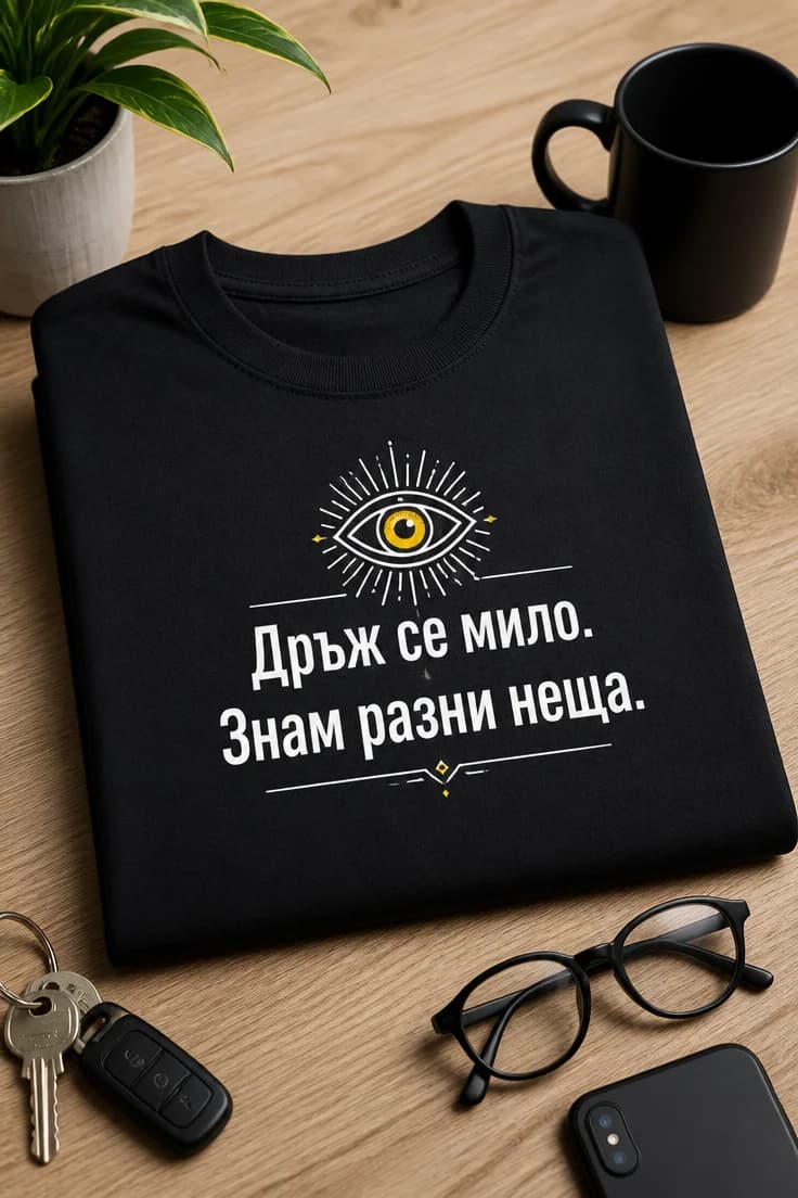 Дамска/мъжка тениска с надпис Дръж се мило. Знам разни неща.