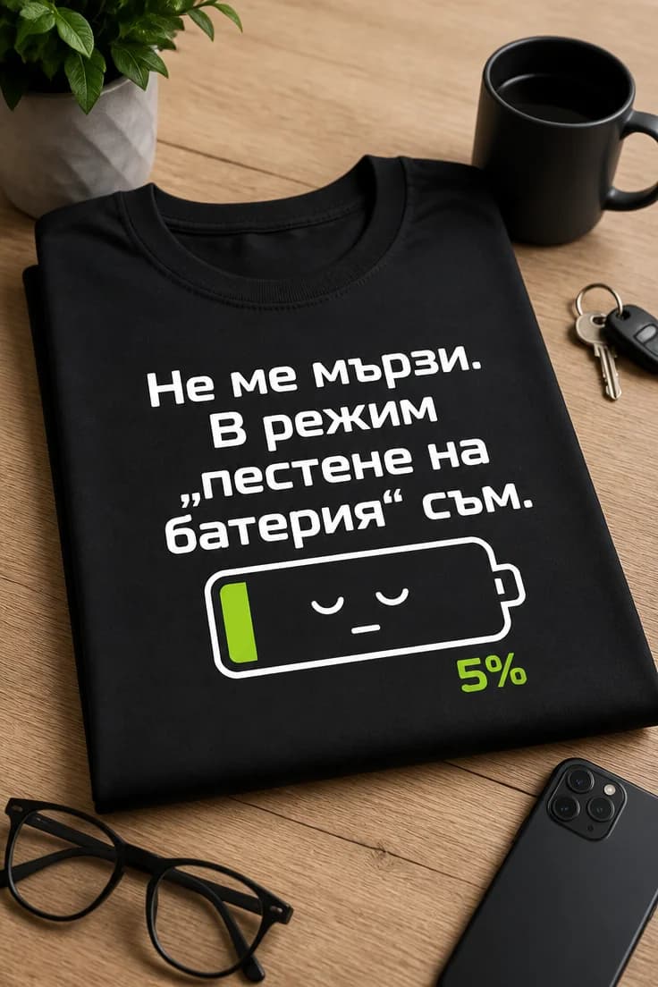 Тениска Не ме мързи, в режим пестене на батерия съм