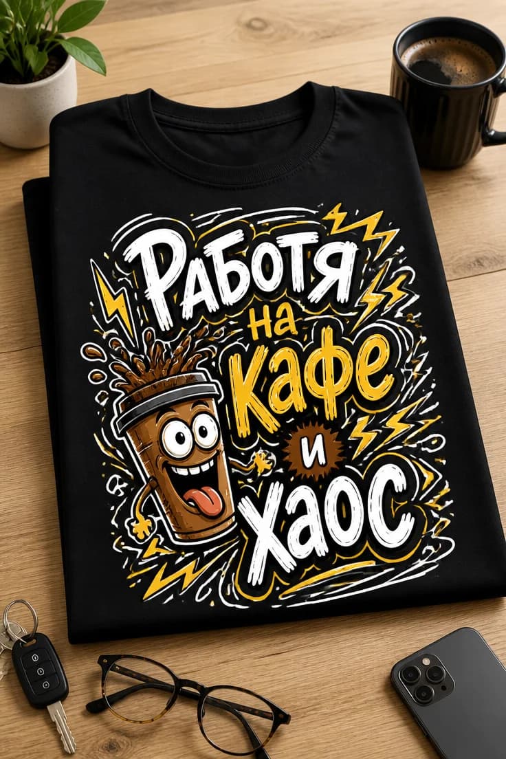 Тениска с кафе и хаос: Работя на кафе и хаос