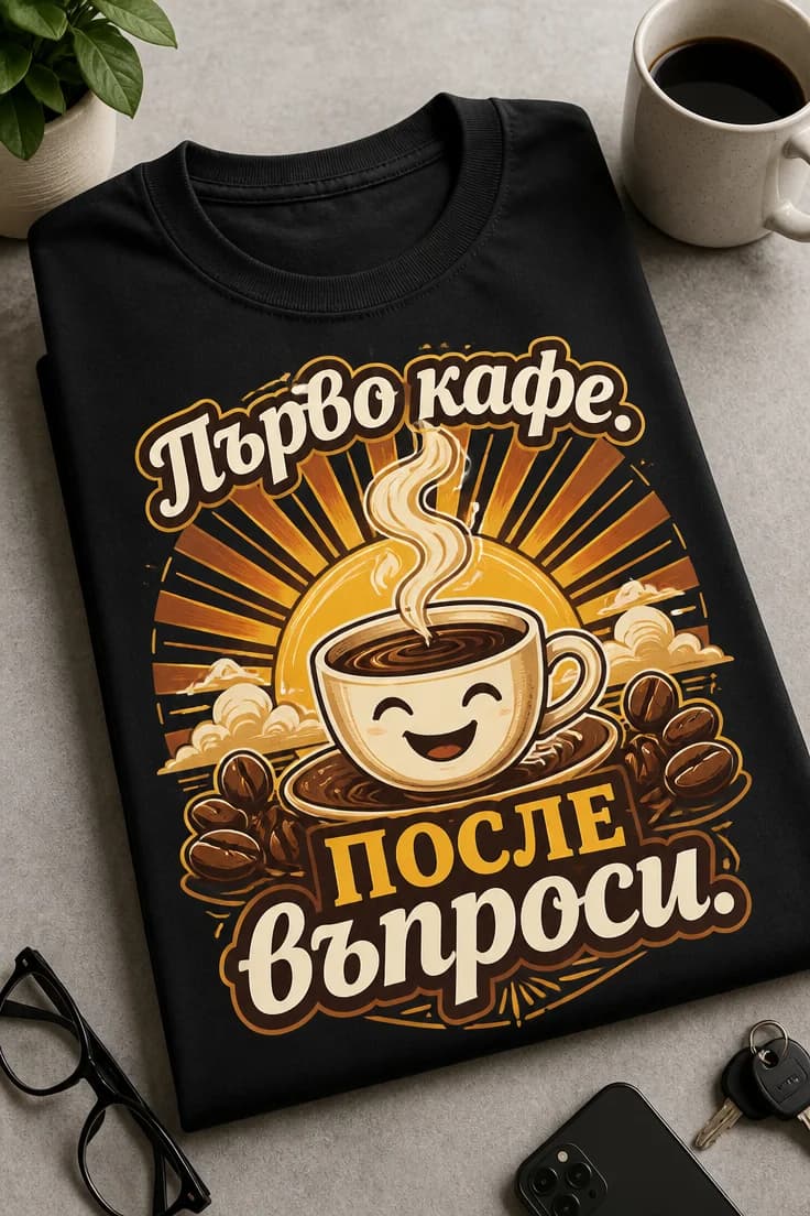 Тениска с кафе – Първо кафе. После въпроси.
