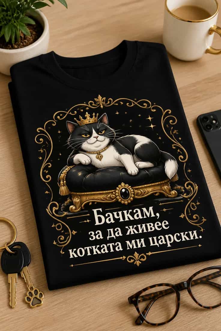 Тениска с котка: Бачкам, за да живее котката ми царски.
