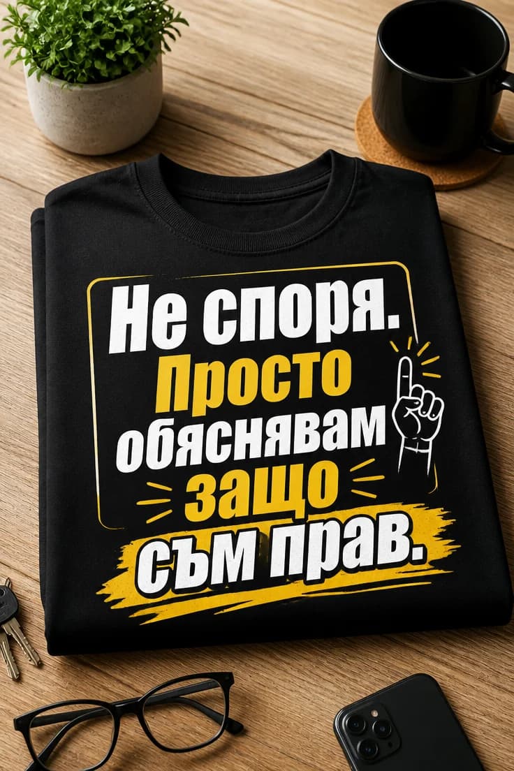 Тениска с надпис „Не споря. Просто обяснявам защо съм прав."