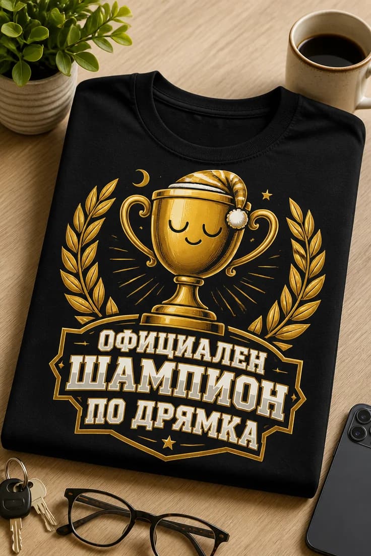Тениска с надпис Официален шампион по дрямка