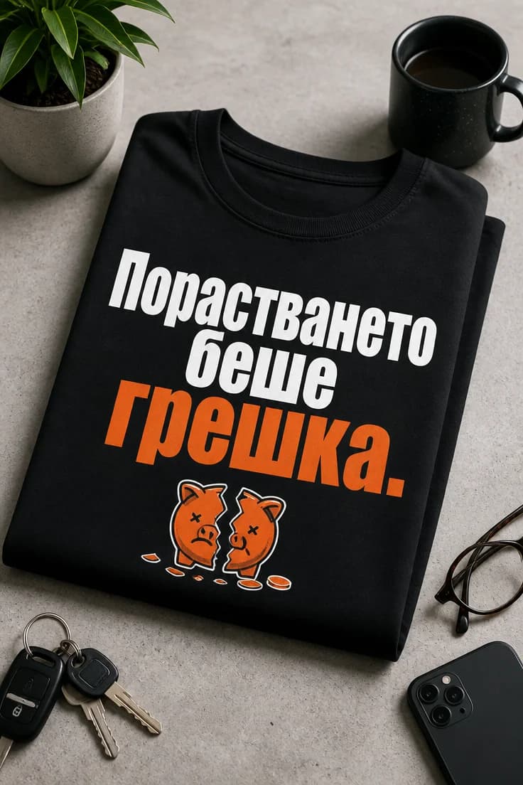 Тениска с надпис „Порастването беше грешка.“