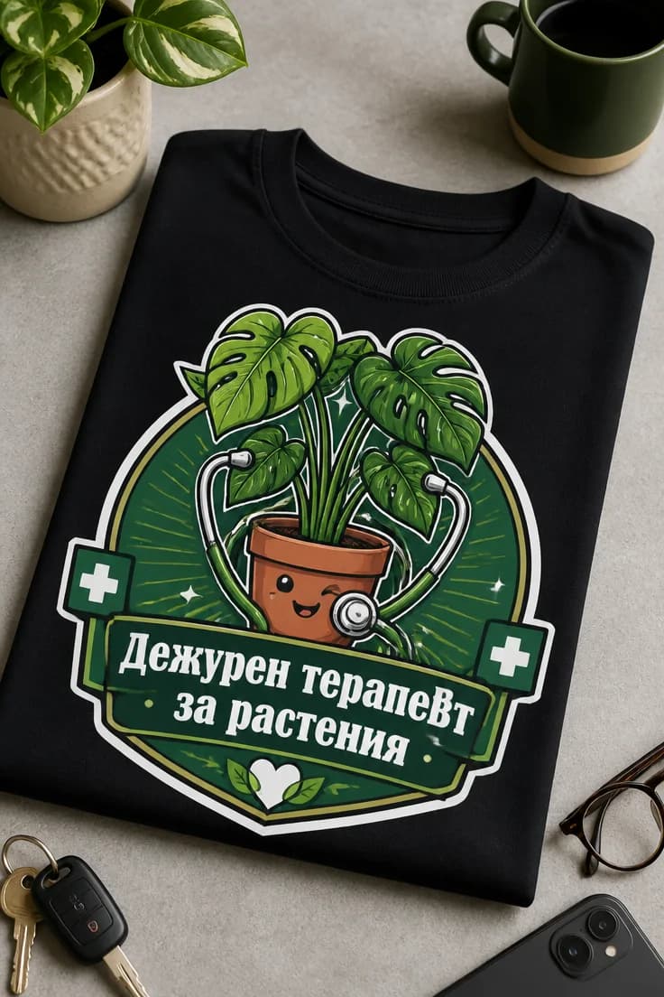Тениска с надпис Дежурен терапевт за растения