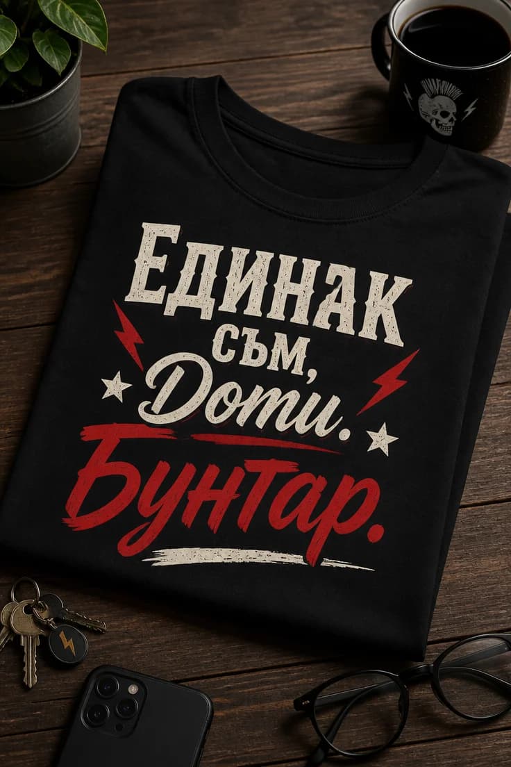 Тениска с щампа „Единак съм, Доти. Бунтар."