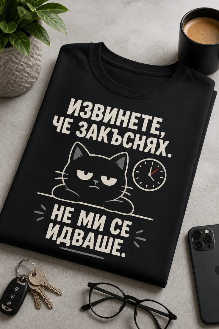 Тениска с надпис: Извинете, че закъснях. Не ми се идваше.