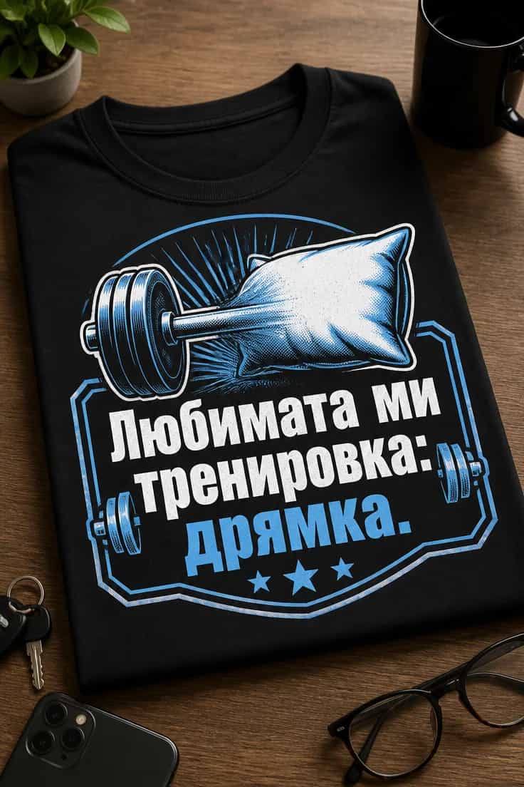 Забавна тениска с надпис: Любимата ми тренировка: дрямка.