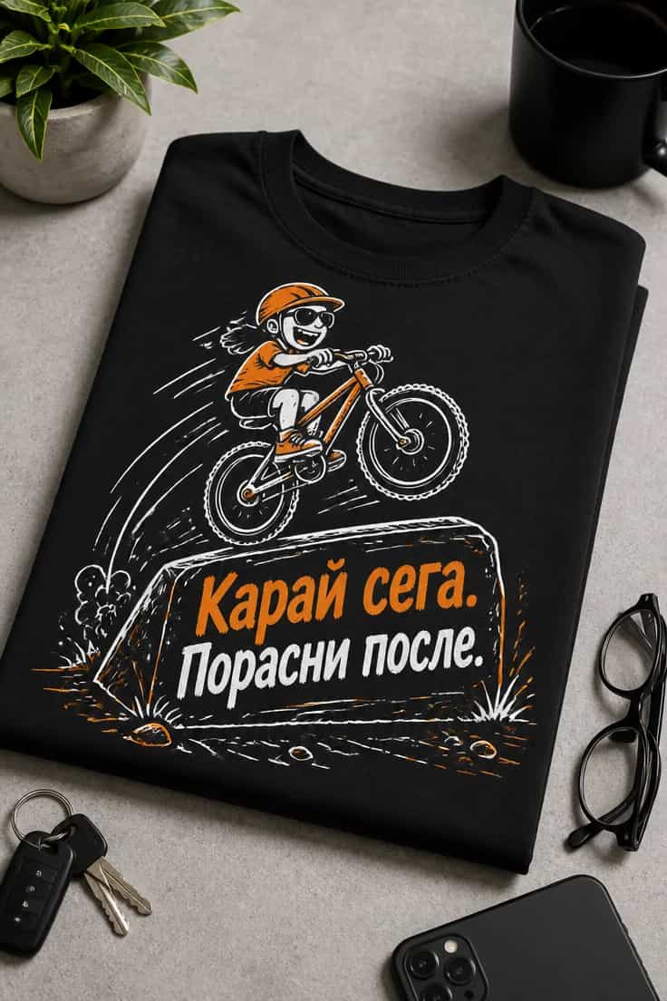 Забавна тениска за колоездачи: Карай сега. Порасни после.