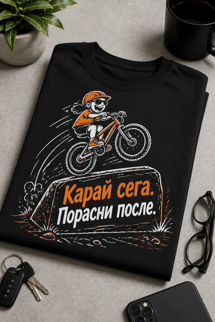Забавна тениска за колоездачи: Карай сега. Порасни после.