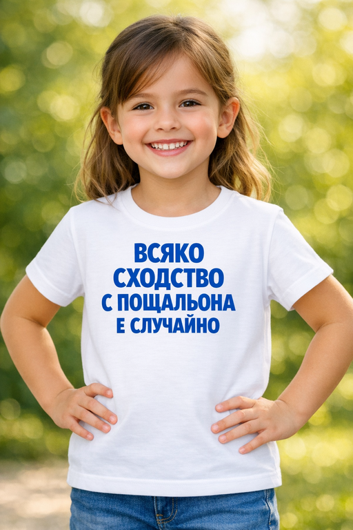 Забавна детска тениска: ВСЯКО СХОДСТВО С ПОЩАЛЬОНА Е СЛУЧАЙНО